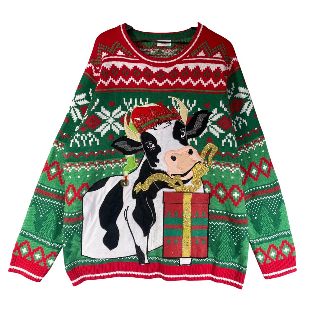 Cow Christmas Sweater Holiday Time Mens 2XL Green Ugly Holiday Jingle Bell Farm